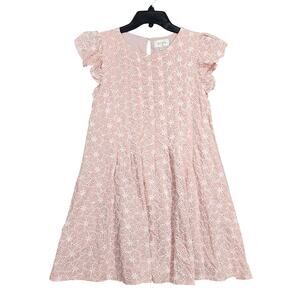 Aure Pink‎ Eyelet A Line Mini Dress Ruffled Sleeves Pleated Size Small Preppy
